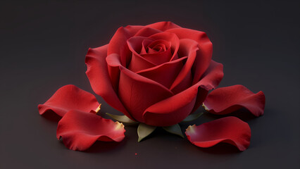 Naklejka premium Vibrant Red Rose with Scattered Petals on Dark Background, Photorealistic Floral Close-up for Romantic or Luxury Design Projects