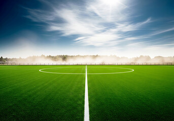 Obraz premium Vibrant high school soccer field under a bright, sunny sky with lush green turf and clear markings, ready for game day.