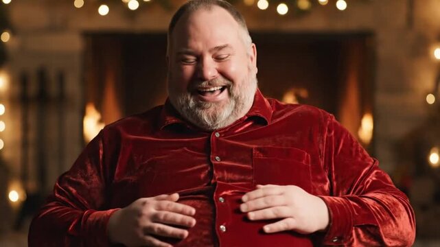 Man with red velvet shirt singing or speaking passionately in a cozy, warmly lit room with festive atmosphere and soft focus background.