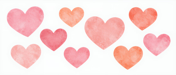 Watercolor Painted Hearts in Soft Pink and Coral Tones Scattered on White Background for Romantic or Valentine'S Day Design Projects