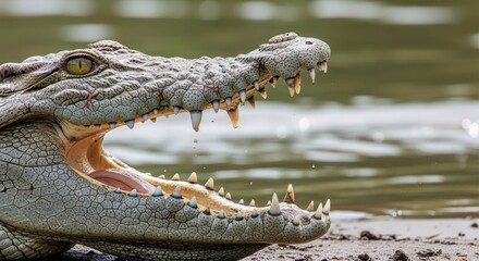 Obraz premium Crocodile with Mouth Open Showing Teeth and Tongue by Water