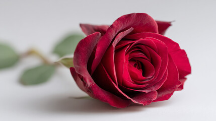 Fototapeta premium Deep Red Rose with Green Stem on White Background - Close Up