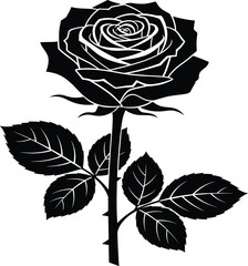 Black and White Line of a Rose with Leaves flower stem