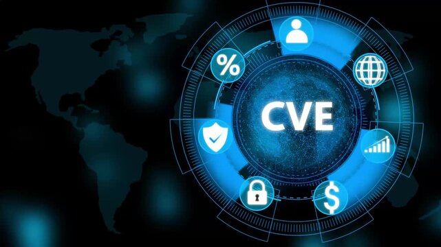 common vulnerabilities and exposures concept, futuristic digital interface with global network and security icons. 4k video.