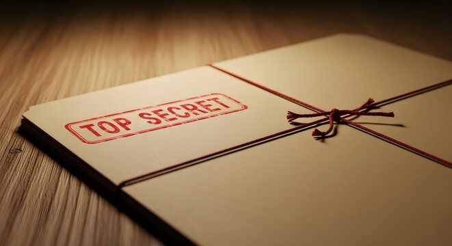 Top Secret Classified Documents Folder Stack Tied with Red String on Wooden Desk