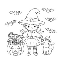 Fototapeta premium Adorable Little Witch Girl and Her Charming Cat Companion Prepared for Halloween Festivities with a Candy-Filled Pumpkin Basket and Flying Bats