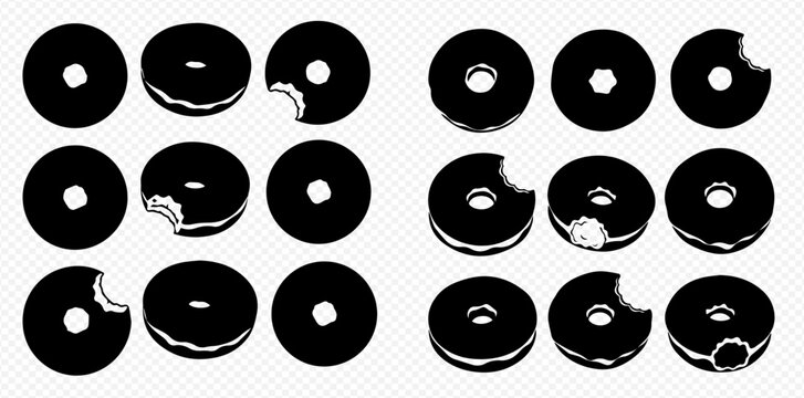 Set of black and white cookie silhouettes, some whole, some bitten, isolated on a transparent background.
