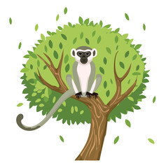 Cartoon monkey sitting in a tree against a white background © Gerubun