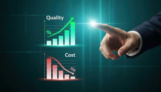 Businessman hand pointing to a digital display showing quality improvement and cost reduction graphs