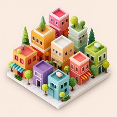 A colorful 3D rendering of miniature houses and trees, arranged on a square surface. The houses vary in color, creating a vibrant scene.