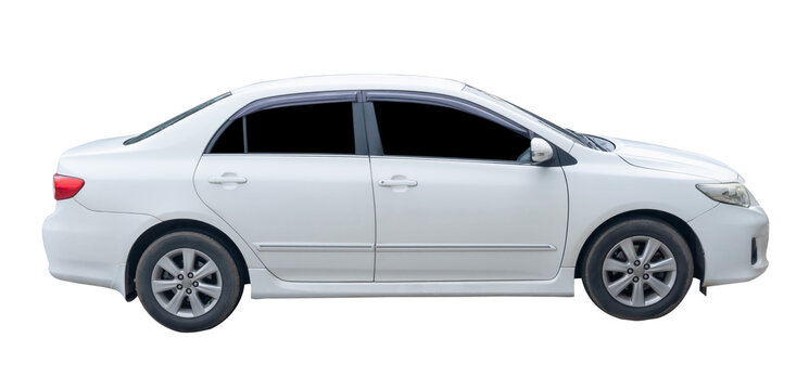 Right side view of white sports sedan car isolated with clipping path in png file format