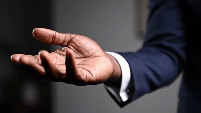 Close-up of a person's hand extended outwards, open palm facing upwards, as if offering or requesting something, with a dark suit visible in the background