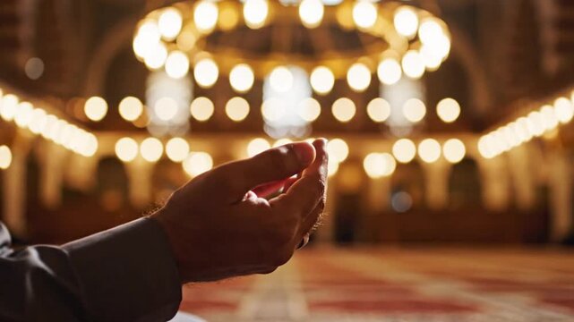 Close-up of a person's praying hands inside a mosque, with a blurred background of beautiful illuminated lights and architecture, signifying devotion and faith