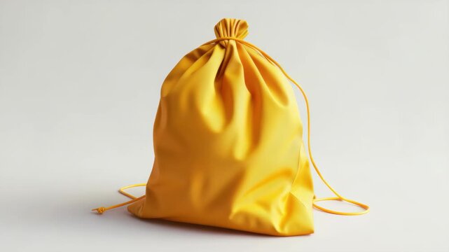 A single-use plastic yellow bag with a drawstring closure resting on a white surface.