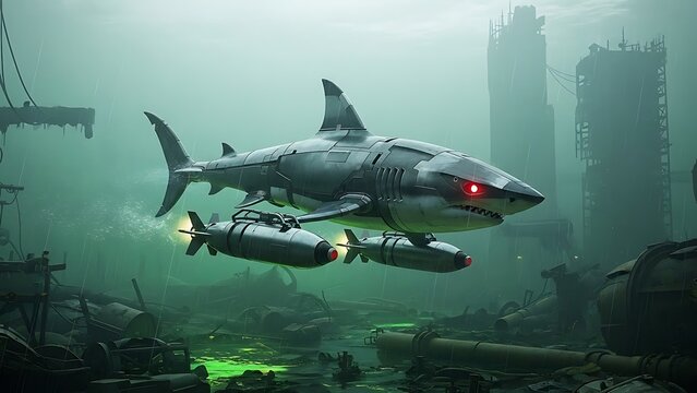 Futuristic cybernetic shark mech flying over a dystopian underwater cityscape with ruins and industrial structures
