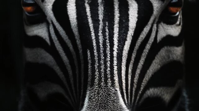 Close-up of a zebra's face, showcasing detailed stripes and vibrant eyes against a dark background