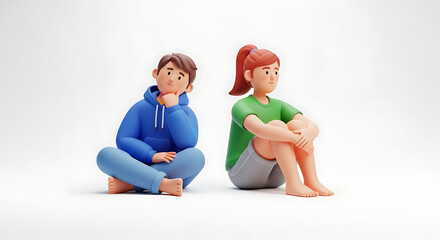 Obraz premium Two 3D cartoon characters sitting and contemplating together peacefully