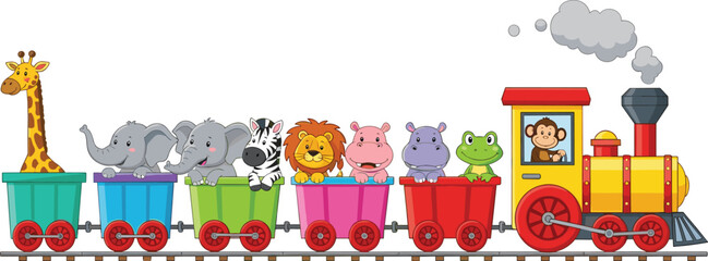 Cute cartoon animal train with giraffe, elephants, zebra, lion, hippo and frog riding colorful wagons pulled by locomotive in playful vector illustration isolated background © Mehadul Expressive