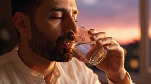 Close-up of a man with closed eyes taking a sip of water from a clear glass during sunset, highlighting hydration and well-being