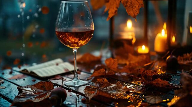 Sip of wine on rainy day with fall leaves