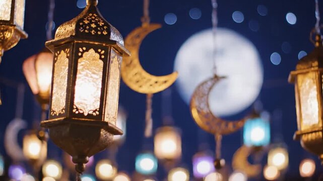 Traditional Ramadan lanterns and crescent moon decorations illuminated at night, creating a festive and spiritual atmosphere for the holy month