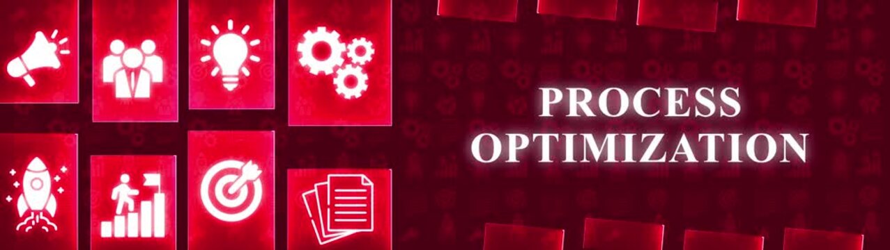 Process Optimization Concept with Business Icons and Text on a Red Gradient Background strategy planning