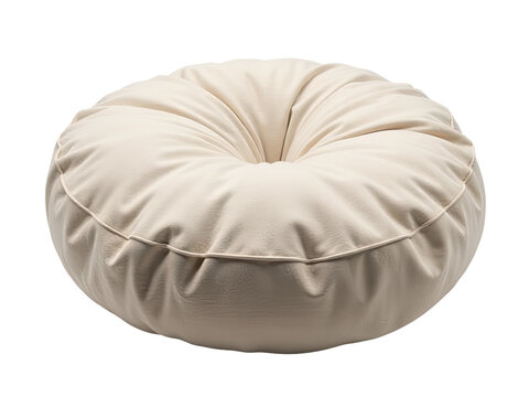 A single white round pillow resting on a clean white floor, perfect for interior design or product photography