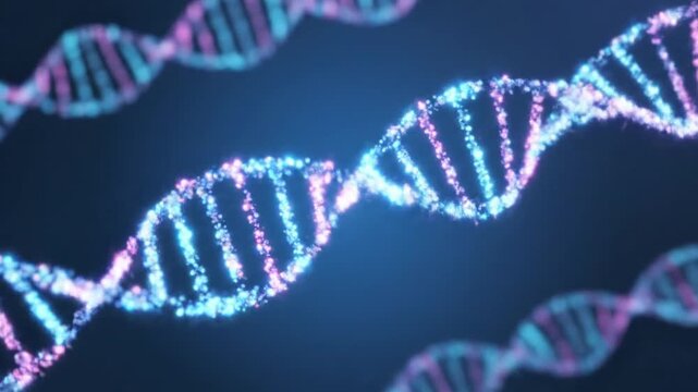 Glowing DNA double helix structure with blue and pink light