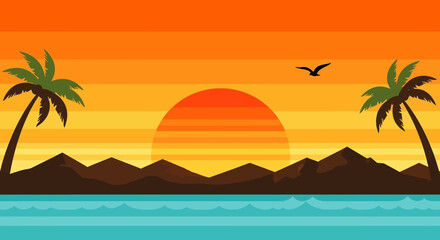 Obraz premium Tropical beach landscape with palm trees and vibrant sunset.