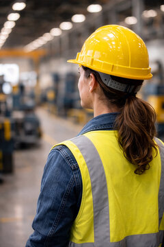 Woman with brown hair wearing a yellow safety helmet and reflective vest in an industrial or factory setting viewed from behind.
