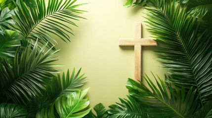 Fototapeta premium Wooden cross surrounded by vibrant green palm fronds and tropical leaves, representing Palm Sunday and Easter celebrations, a triumph of faith and new beginnings. Palm Sunday ,