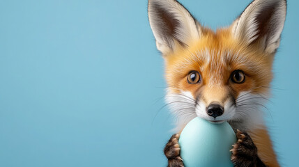 Obraz premium Cute fox cub holding a pastel blue Easter egg, representing the innocence and tradition of spring celebrations and Orthodox Easter, with a gentle and festive ambiance. Banner, Copy space
