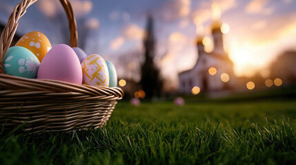 Wicker basket holding decorated Easter eggs and plain eggs on lush green lawn, representing spring celebration, Orthodox traditions, and new beginnings during the holiday season. Copy space