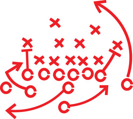 Simple red line drawing illustrates a complex offensive play diagram for American football strategy on a white background.