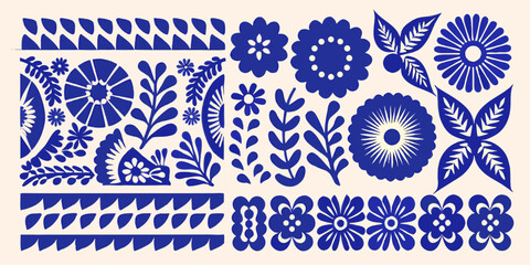 Blue and white floral and geometric folk art design elements arrangement © Raben