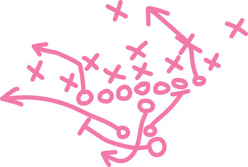 Hand drawn pink football play diagram featuring Xs and Os illustrates offensive strategy and game planning clearly.