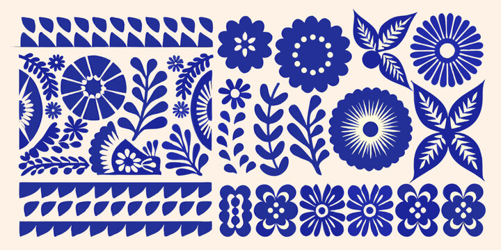 Blue and white floral and geometric folk art design elements arrangement