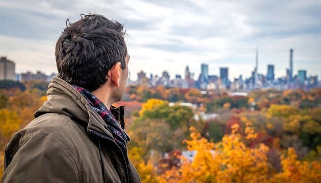 Man looking at New York City skyline in autumn.