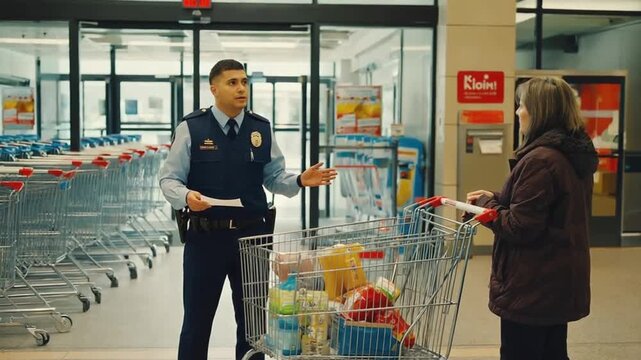 Security guard checking a supermarket purchase receipt.