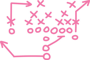 Hand drawn pink doodle illustrates a complex American football play diagram drawn on a simple white background.