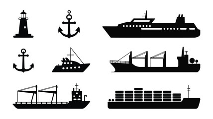 Set of sea vessel silhouettes including cargo ships cruise ship lighthouse and anchors on white background