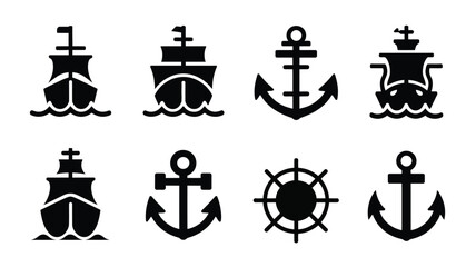 Nautical icons set including ships anchors and steering wheels in black silhouette on white background for maritime themes © Parthokumar