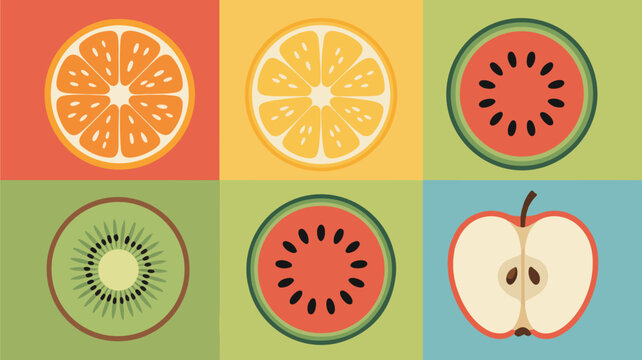 Minimalist fruit slice pattern with orange lemon watermelon kiwi and apple on color grid