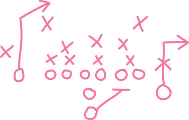 A hand-drawn pink diagram illustrates an abstract sports strategy or tactical football play on a clean white background.