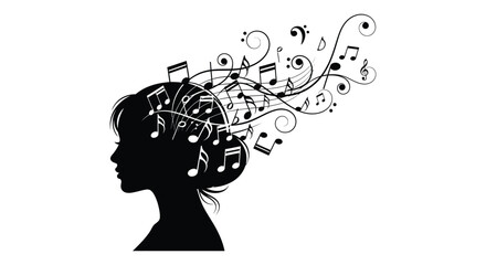 A striking profile of a woman s head filled with swirling musical notes creating a dreamy artistic silhouette high quality professional detailed © GDSneha02