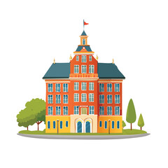 Cartoon illustration of a grand building with trees