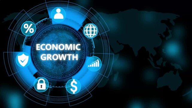 Dynamic visualization of economic growth with interactive icons and global map, representing business development and market expansion.