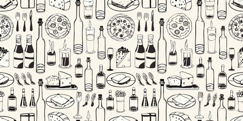 Obraz premium Seamless pattern of hand drawn food cutlery and beverage illustrations