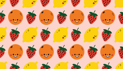 Fototapeta premium Seamless pattern with cute cartoon fruits on a pastel pink background lemons oranges strawberries