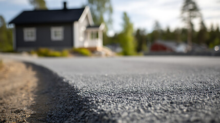 Fototapeta premium Close-up of new gravel driveway with curb edge, leading towards a modern residential house in a suburban neighborhood setting